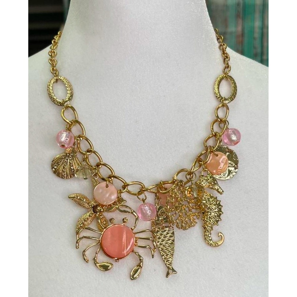 Gold Tone Nautical Sea Life Charm Necklace Crab Seahorse Starfish Pink Coral